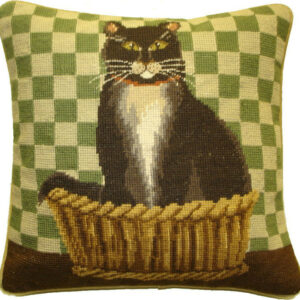 Black Cat on Green Checkers Needlepoint Pillow