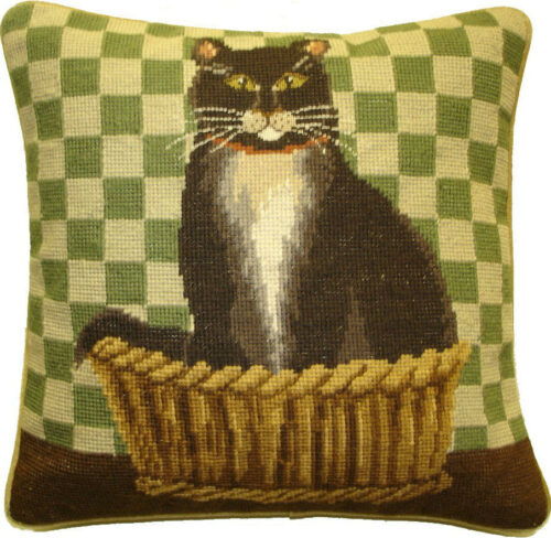 Black Cat on Green Checkers Needlepoint Pillow
