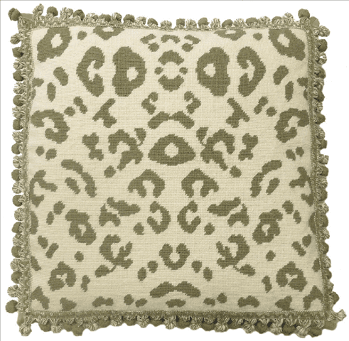 Mossy Green Leopard Print Needlepoint Pillow