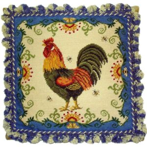 Rooster on Blue Needlepoint Pillow