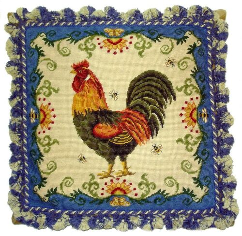 Rooster on Blue Needlepoint Pillow