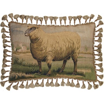 Sheep in Pasture Aubusson Weave Needlepoint Pillow