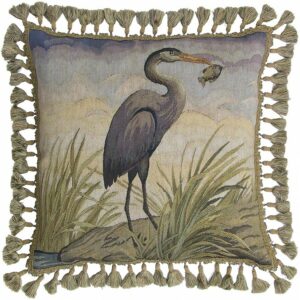 Heron with Fish Aubusson Weave Needlepoint Pillow