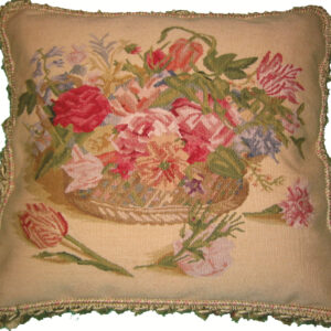 Floral Basket on Antique Yellow Background Needlepoint Pillow