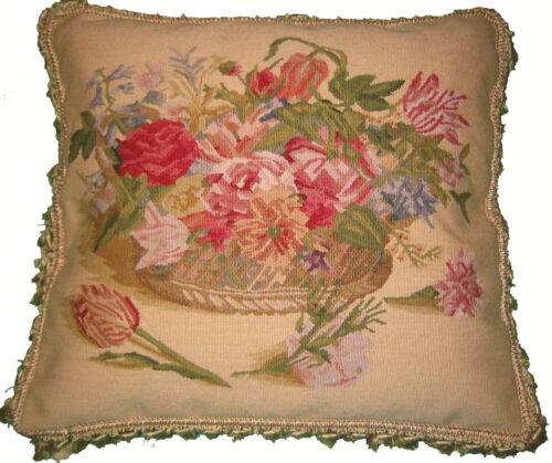 Floral Basket on Antique Yellow Background Needlepoint Pillow