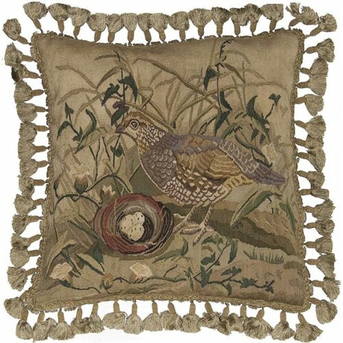 Quail and Nest Aubusson Weave Needlepoint Pillow