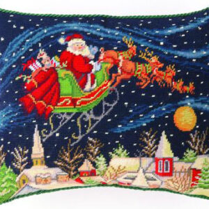 Santa in Snowy Sky Needlepoint Pillow