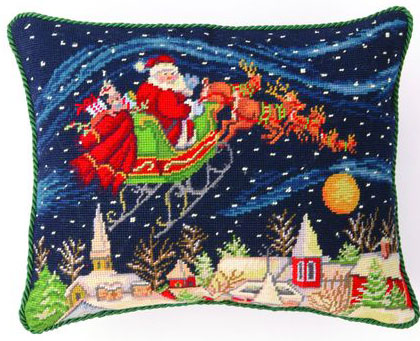 Santa in Snowy Sky Needlepoint Pillow