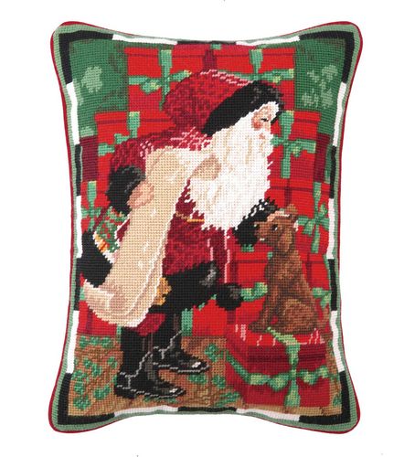 Santa with Dog Needlepoint Pillow