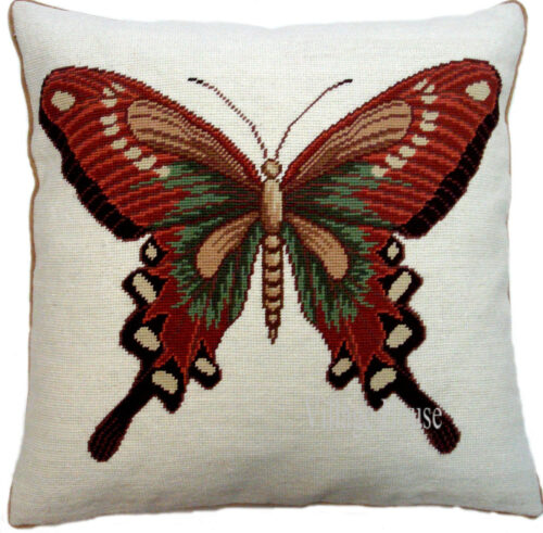 Butterfly with Russet and Green Wings Needlepoint Pillow