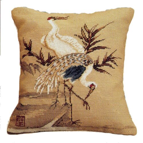 Cranes with Brown Leaves Needlepoint Pillow