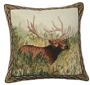 Elk in Woods Needlepoint Pillow