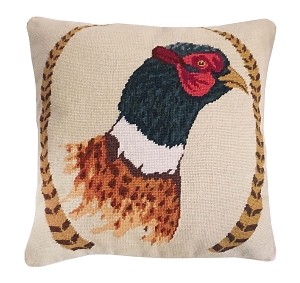 Pheasant and Feathers Needlepoint Pillow