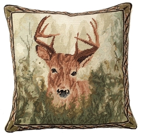 Stag in Forest Needlepoint Pillow