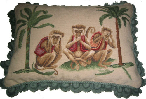 Three Monkeys Needlepoint Pillow