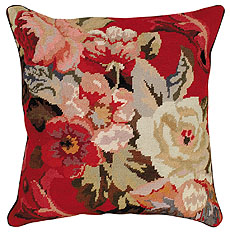 red floral needlepoint pillow