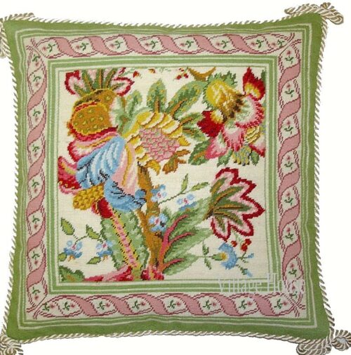 Jacobean Floral in Apple Green and Pink