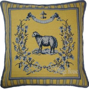 Sheep Needlepoint Pillow in Sunshine Yellow and French Blue