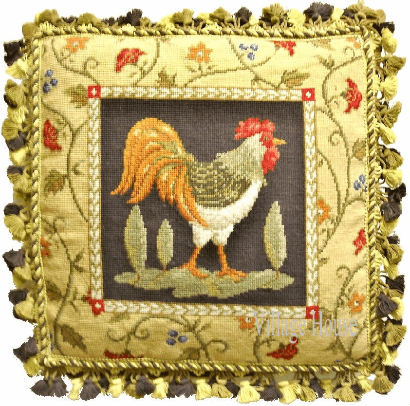 Yellow Black Rooster Needlepoint Pillow Village House Pillows