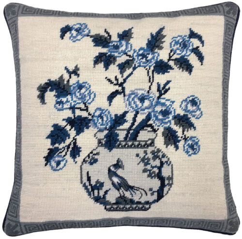 blue and white needlepoin pillow