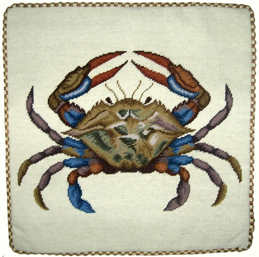 18x18" Needlepoint Blue Crab Pillow 