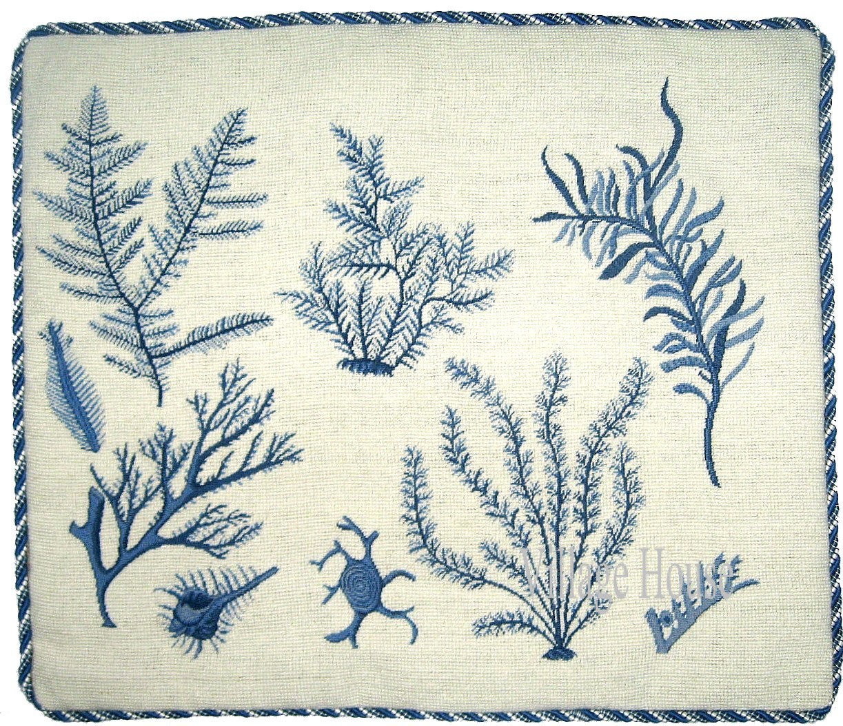 Blue Seaweed Collection Needlepoint Pillow